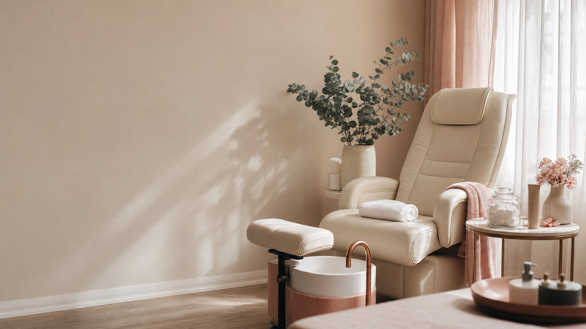 De behandelkamer van Tijd voor Voeten met een crème behandelstoel en eucalyptus