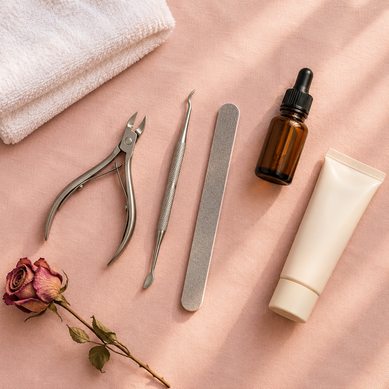 Pedicure-instrumenten, voetcrème en een handdoek op roze linnen